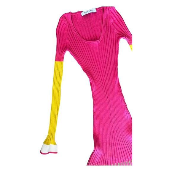 PRABAL GURUNG Striped Ribbed Bodycon Midi Dress In Pink Color Block XS - Picture 7 of 16